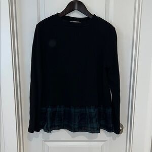 LOFT Black Top with Plaid Ruffle Detail, size L
